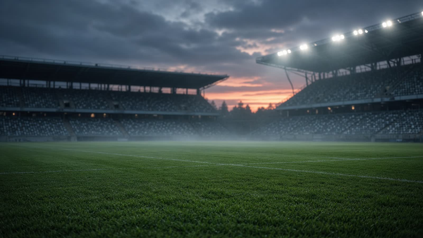 Tom allsvensk fotbollsarena i skymning med belyst plan och suddiga läktare — atmosfär kring Mjällbys tränarbyte