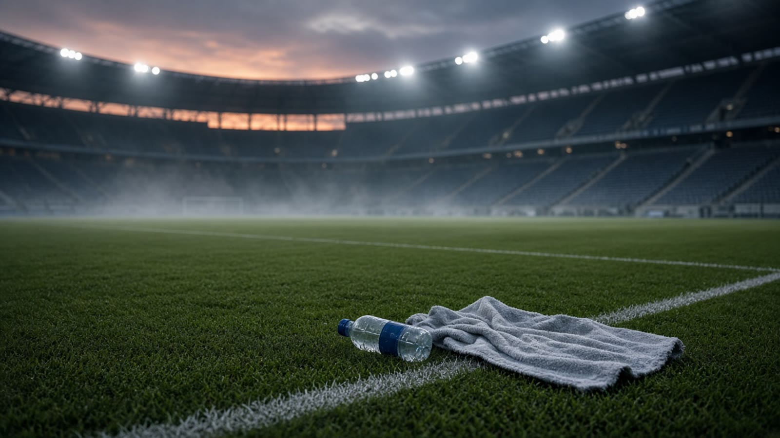 Tom fotbollsarena i skymning med strålkastarljus över planen — atmosfär efter avbruten landskamp