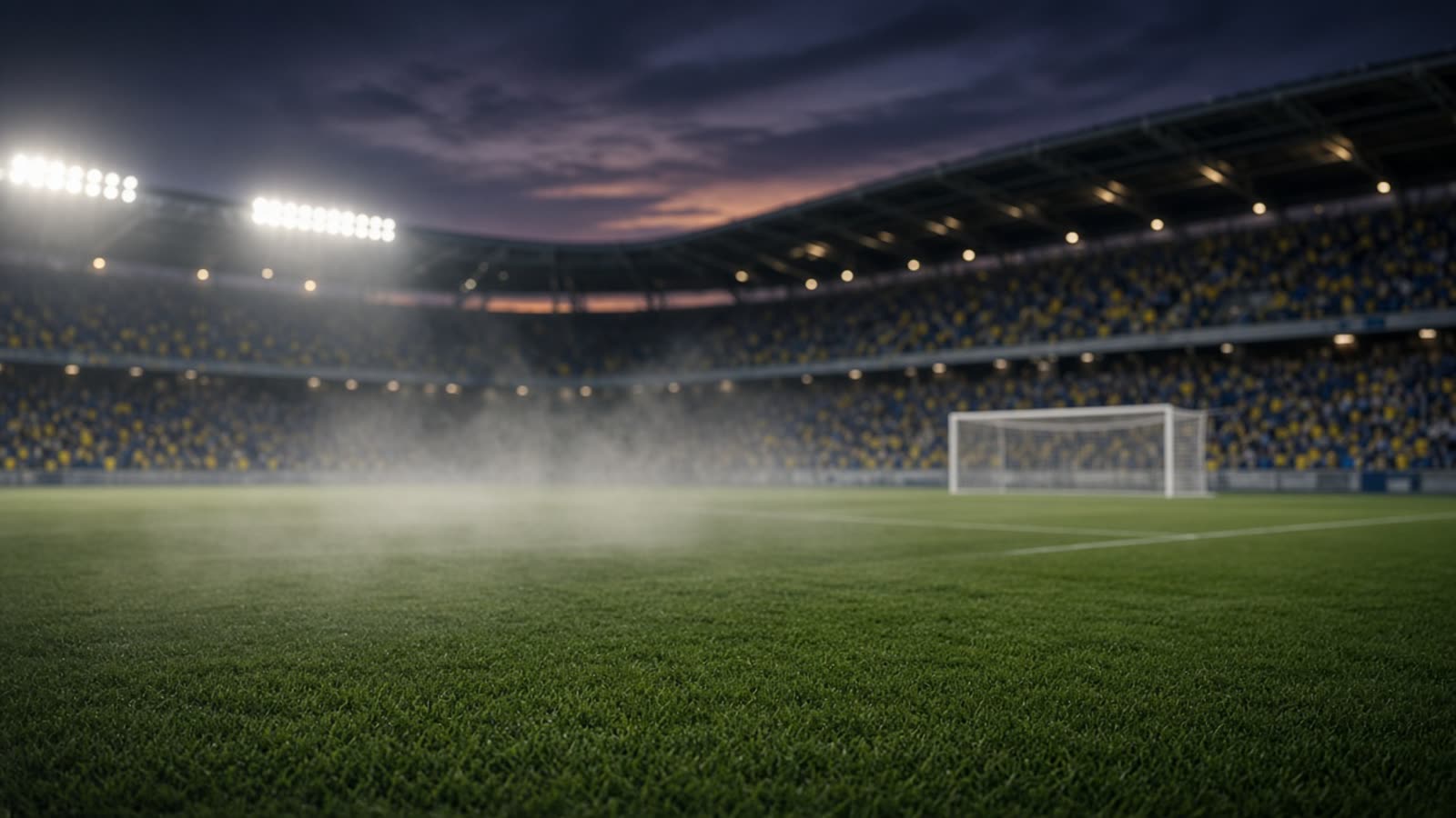 Tom fotbollsarena i skymning med strålkastarljus över gräsplanen — atmosfär efter landskamp