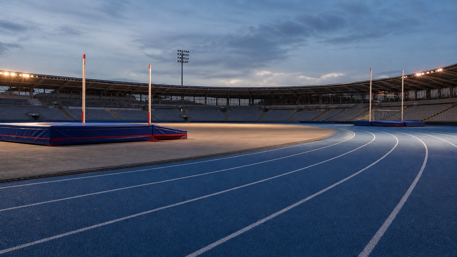 Tom friidrottsarena med blå löparbana i skymning inför Europamästerskapet