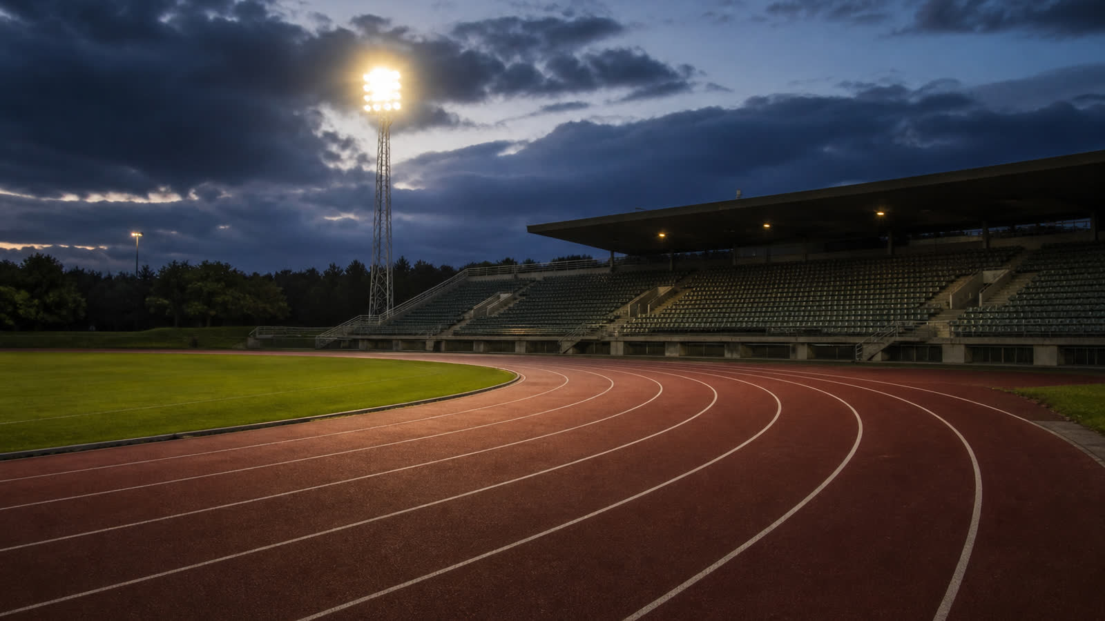 Tom friidrottsarena i skymning under strålkastare — atmosfär inför Finnkampen