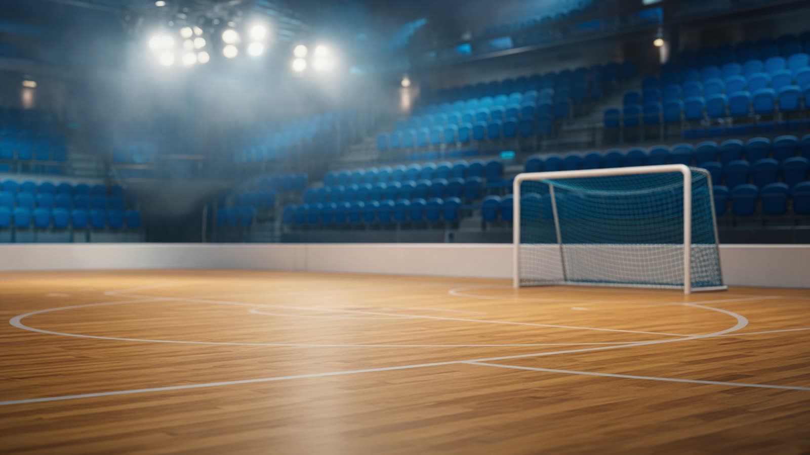 Tom innebandyhall med belyst parkettgolv och målbur under arenabelysning — atmosfär inför SSL i innebandy