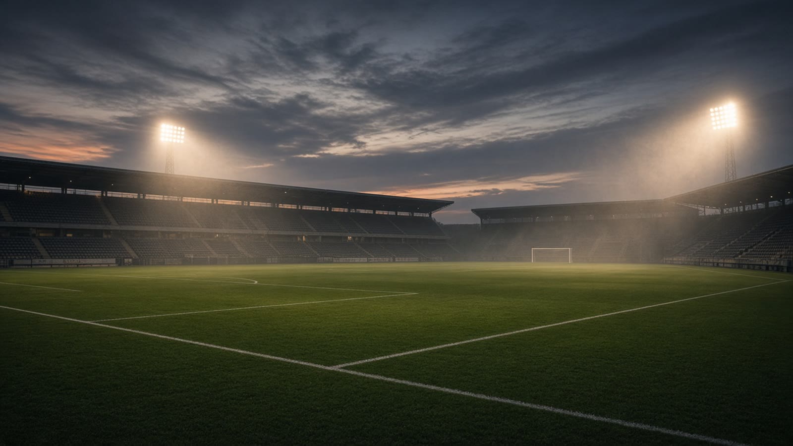 Tom fotbollsarena i skymning med strålkastarljus över planen — atmosfär inför Superettan-match