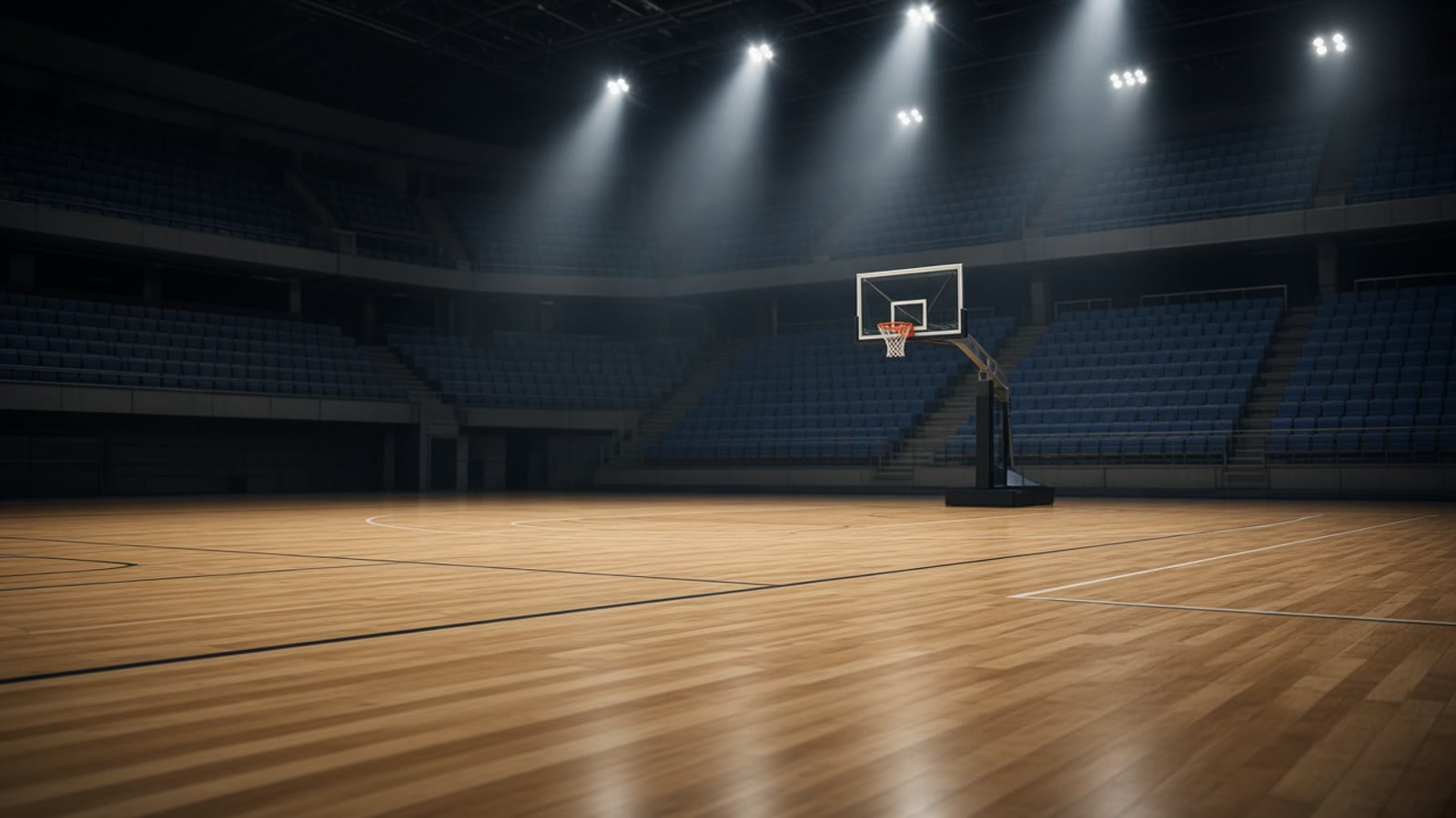 Tom basketarena med belyst parkettgolv och korg under arenabelysning — atmosfär inför Svenska Basketligan