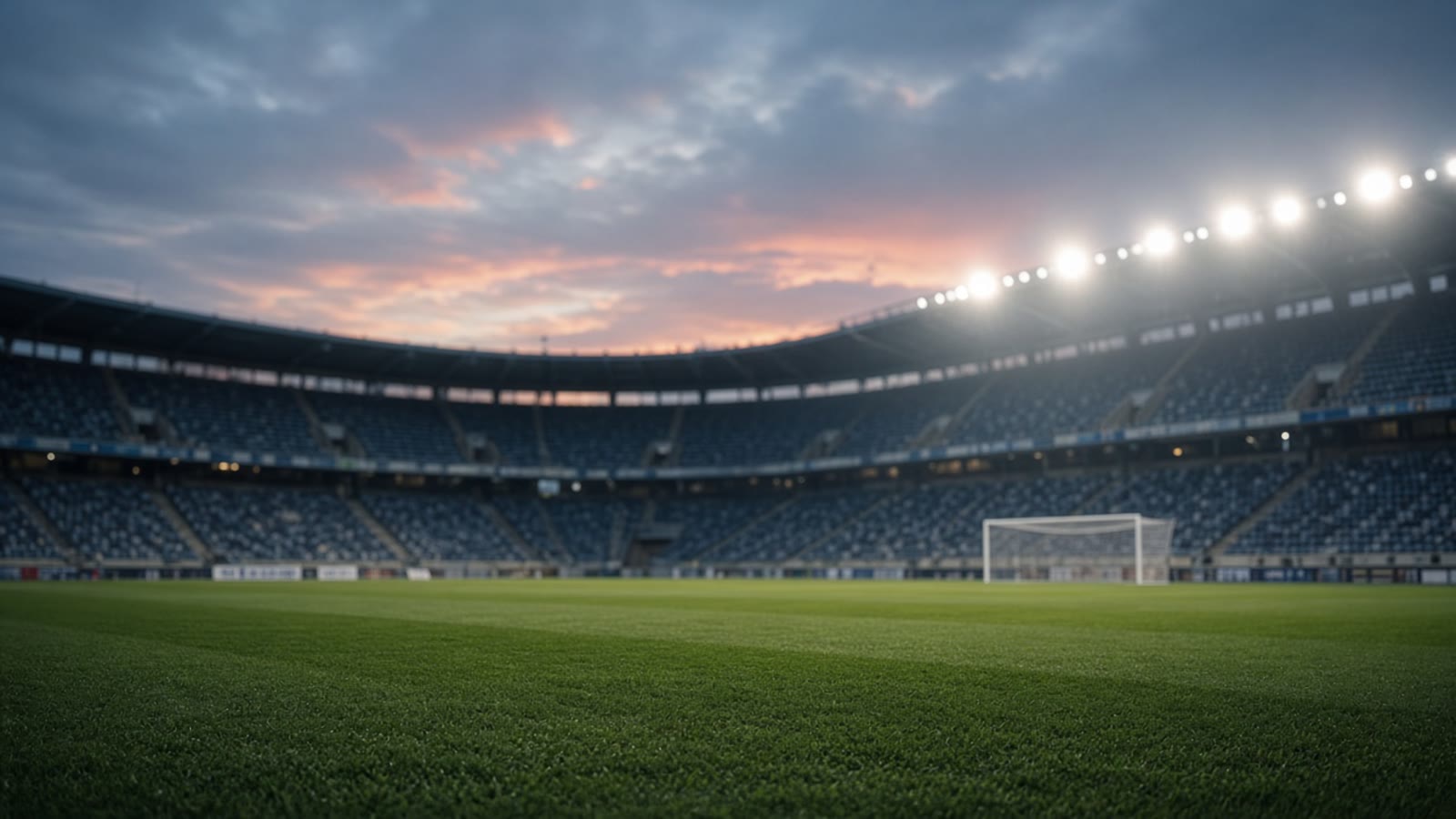 Tom fotbollsarena i skymning med strålkastarljus över gräsplanen — atmosfär efter uppflyttningsmatch