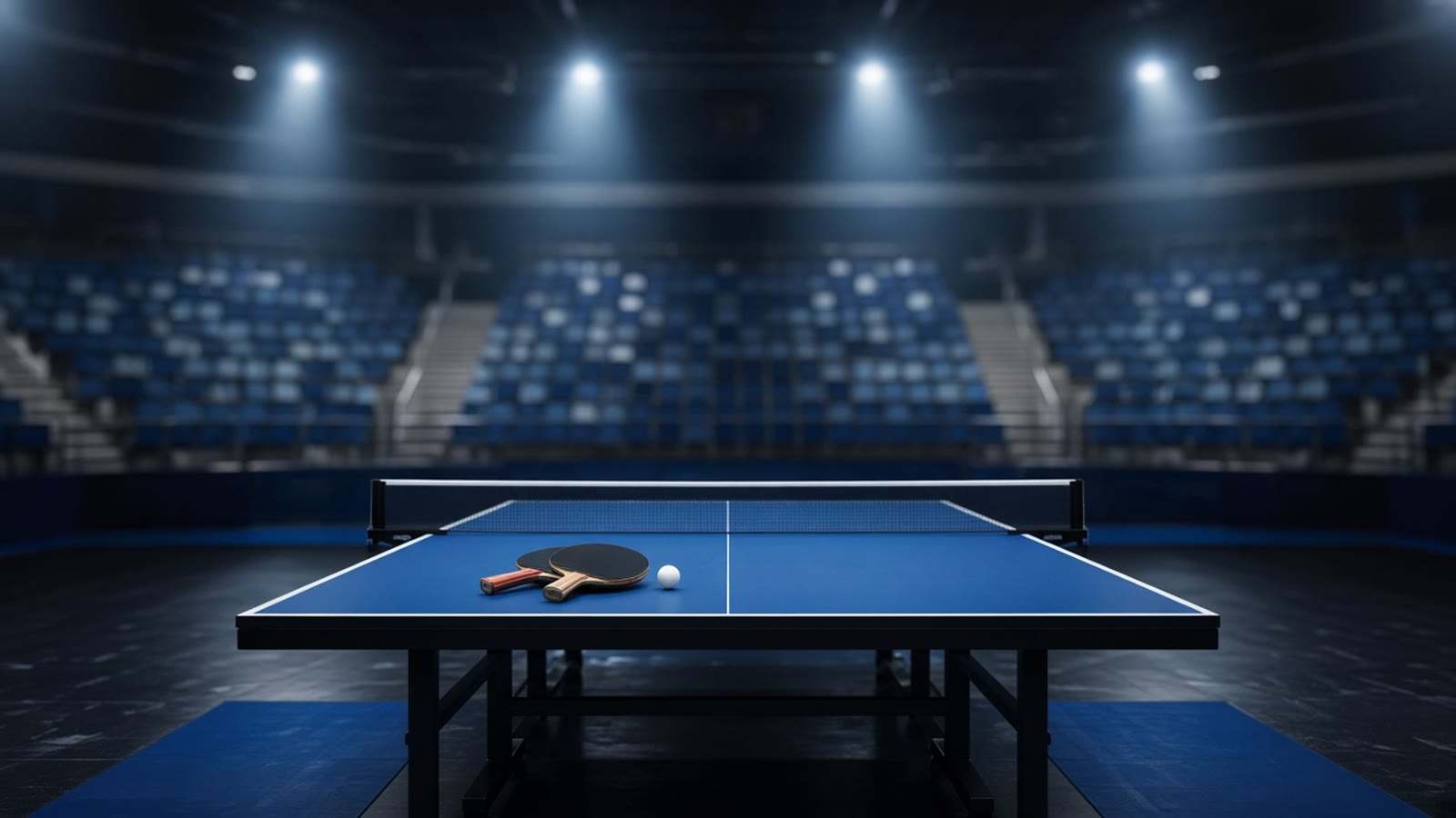 Tom bordtennisarena med blått tävlingsbord under strålkastare — atmosfär inför WTT-final