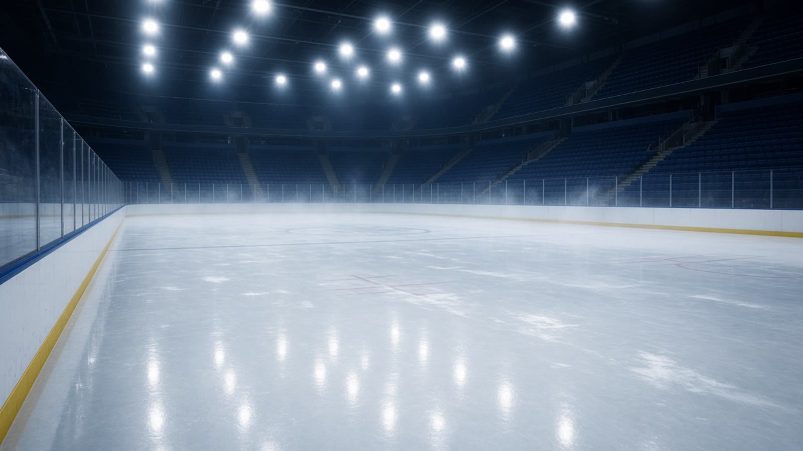 Tom ishockeyrink i arena under strålkastarljus — atmosfär inför SHL-match